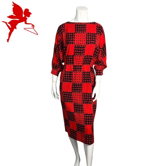VINTAGE 1980's Albert Capraro Silk Checkered Houndstooth Dress - Picture 1 of 8